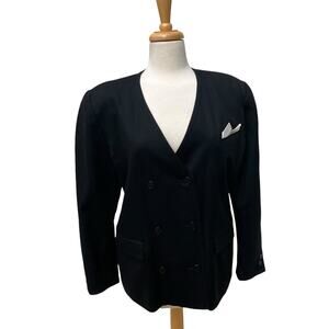 Vtg‎ Mondi Blazer Jacket Sz 40/8 Black Double Breasted V Neck Wool Careerwear